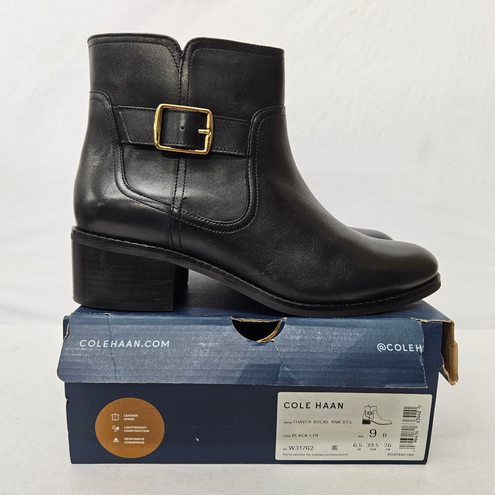 Cole Haan‎ Thayer Buckle Ankle Boots W31762 Black Leather Women's Size 9